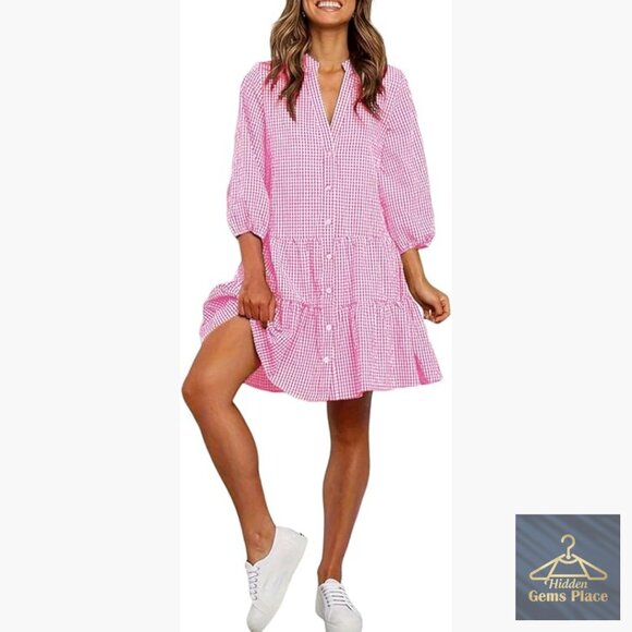 Dresses & Skirts - Plaid Shirt Dress with Puff Sleeves, Pockets, Midi Length, Casual Fit